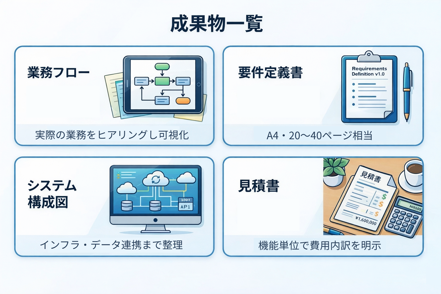 成果物一覧：業務フロー、要件定義書、システム構成図、見積書